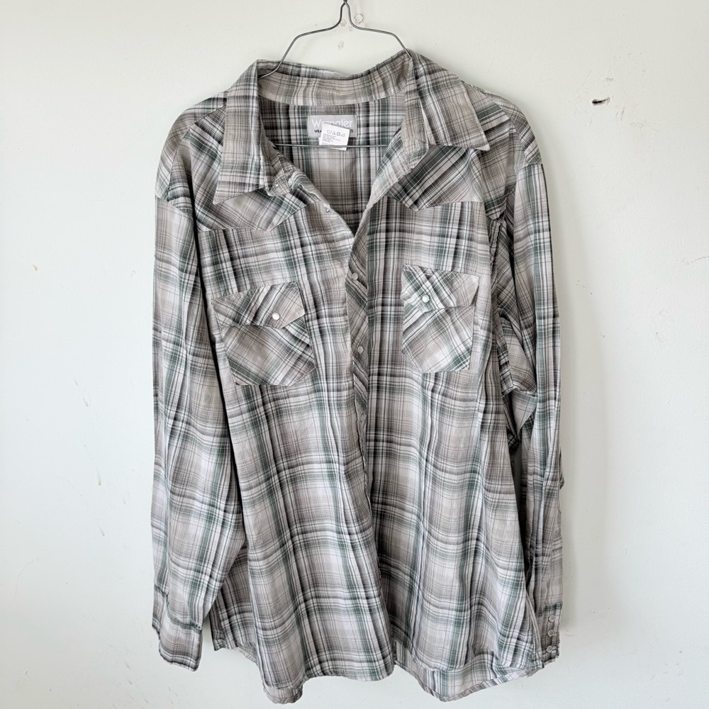 Wrangler Men's Plaid Shirt - Green and Gray
